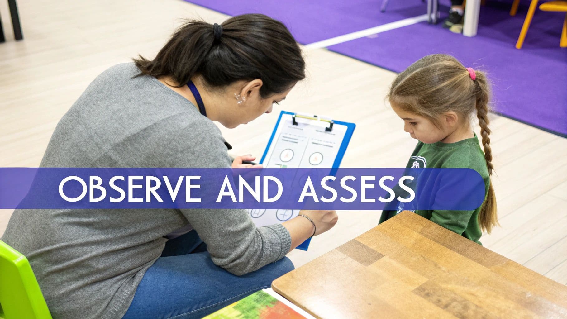 A female teacher or therapist observes and assesses a young girl, marking notes on a clipboard.