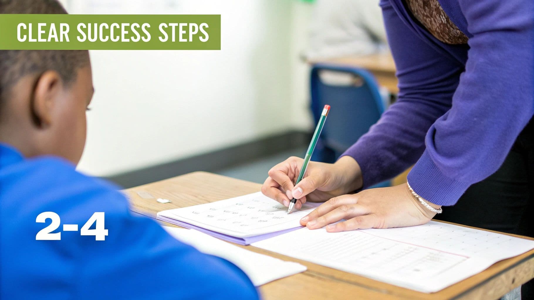 A teacher guides a student with a pencil on a worksheet, showing clear success steps in a classroom.