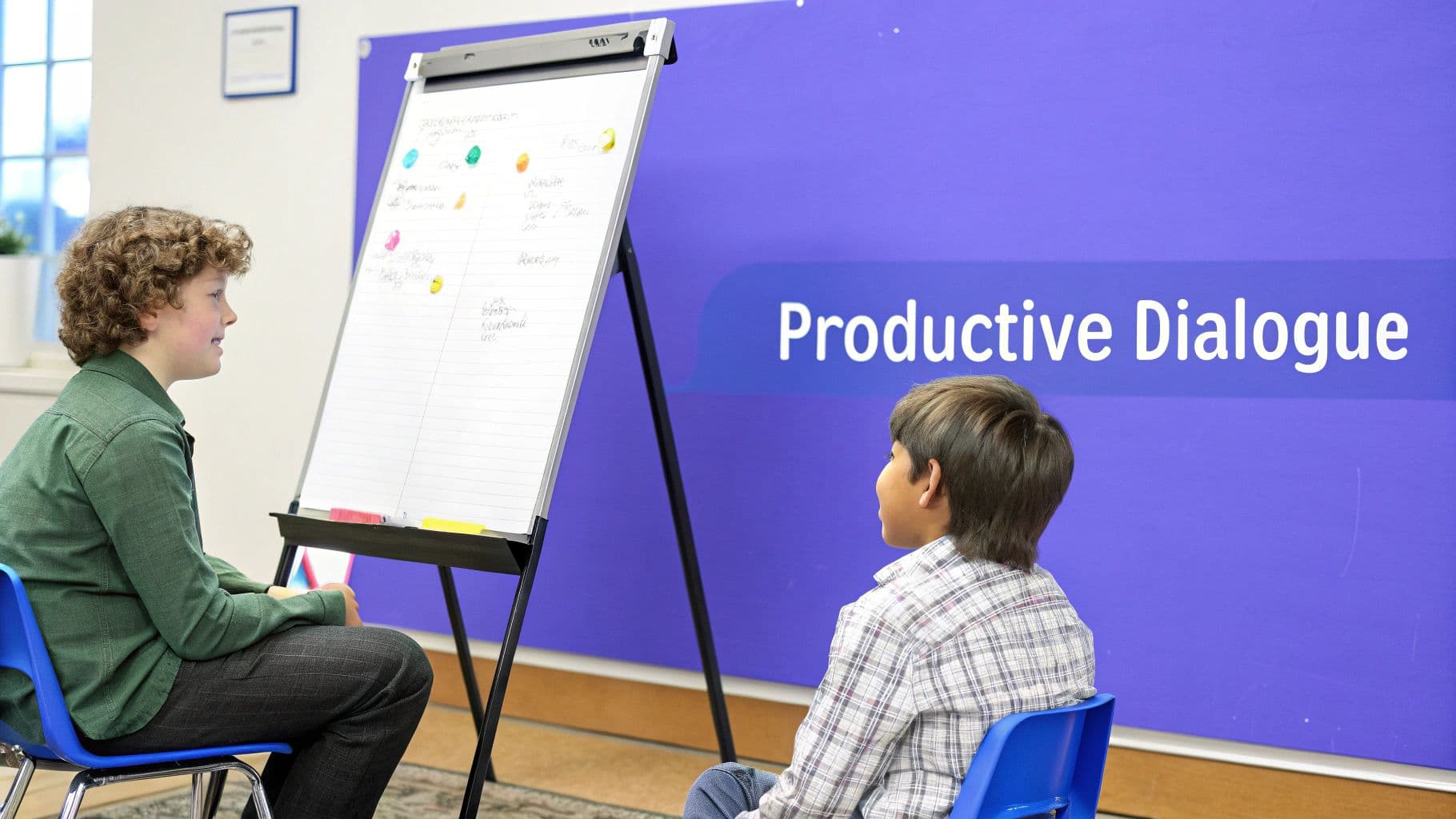 Two boys engaged in a productive dialogue, seated in front of a flip chart.
