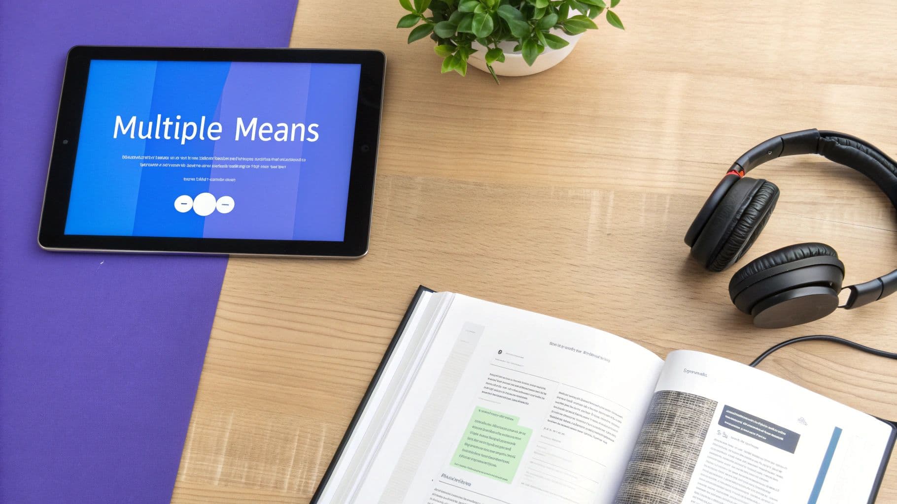 A flat lay of a modern workspace featuring a tablet, an open book, headphones, and a small plant on a wooden desk.