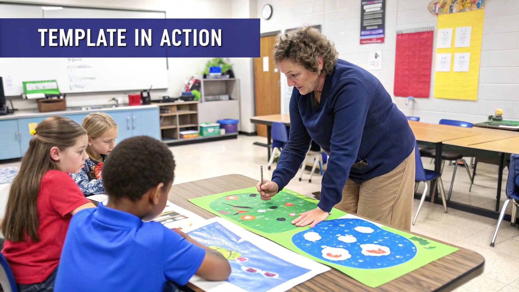 A teacher works with three elementary students on colorful art projects in a classroom.