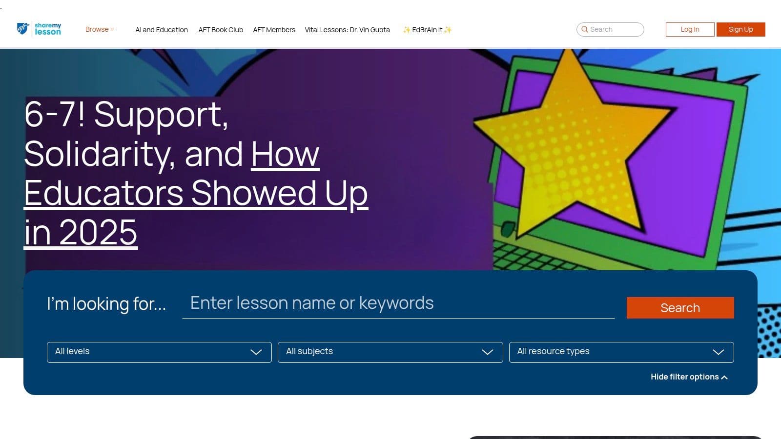 A screenshot of the Share My Lesson website, showcasing its user interface and a search for classroom management resources.