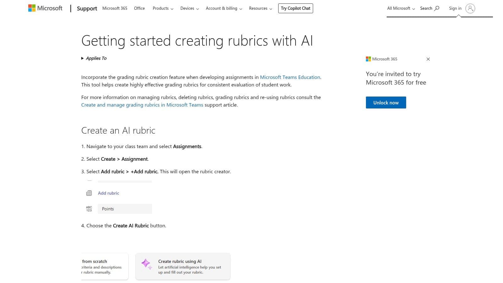An AI-generated rubric for a science project in Microsoft Teams, showing criteria and performance levels.