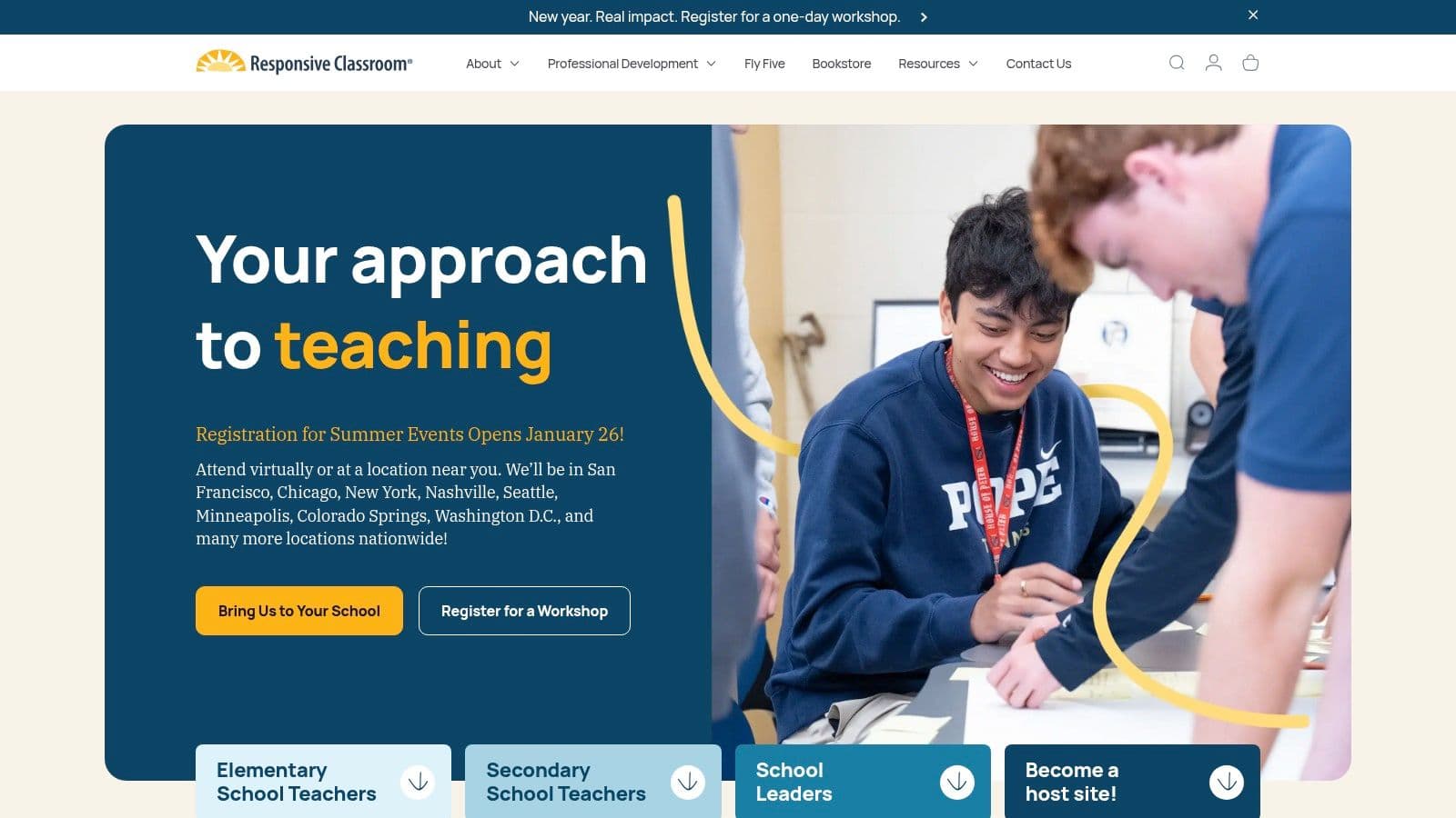 A workshop or classroom setting where educators are engaged in a Responsive Classroom training session, with charts and materials visible in the background.