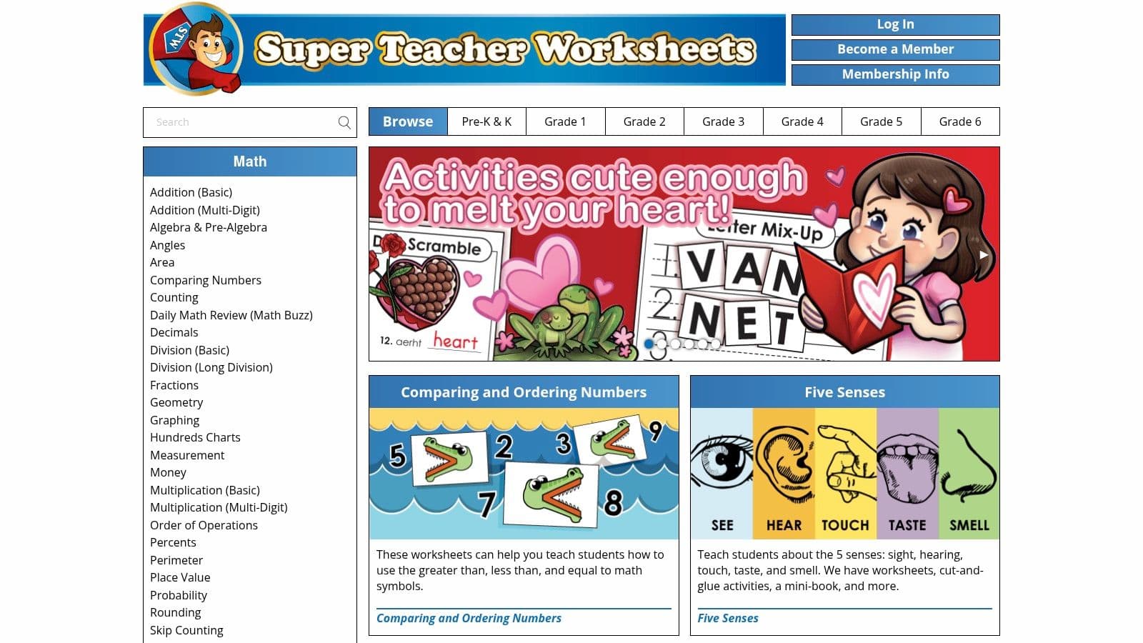 A screenshot of the Super Teacher Worksheets website, highlighting its organized categories for Math, Reading, and Science.