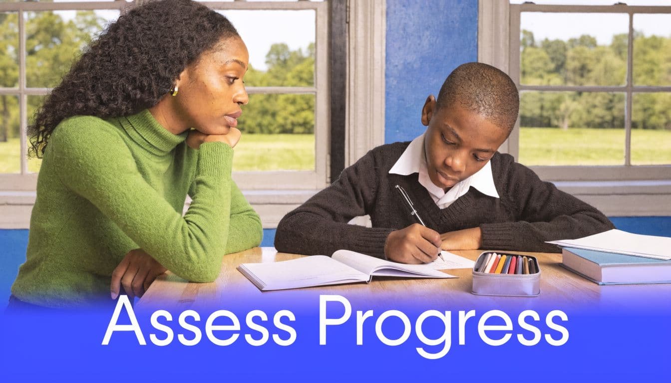 A teacher or parent watches a young student focusing on writing in a notebook at school.