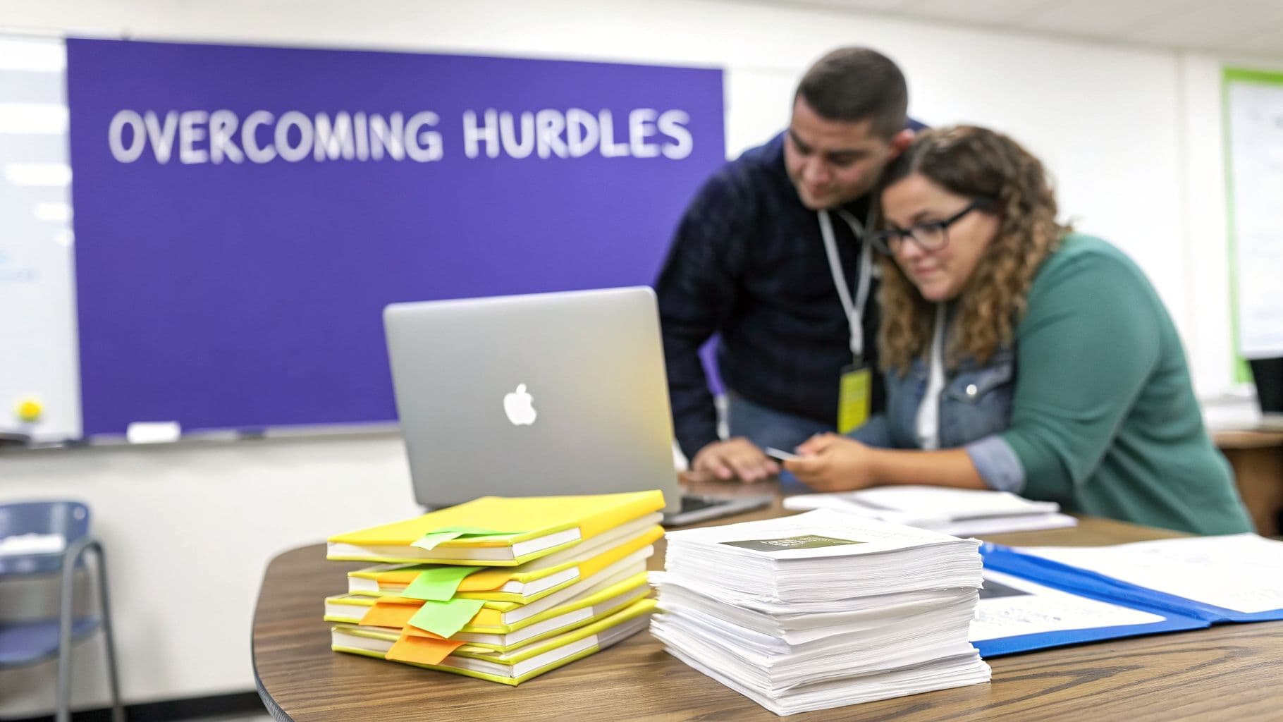 Two people collaborate on a laptop in a classroom with 'Overcoming Hurdles' written on a purple board.