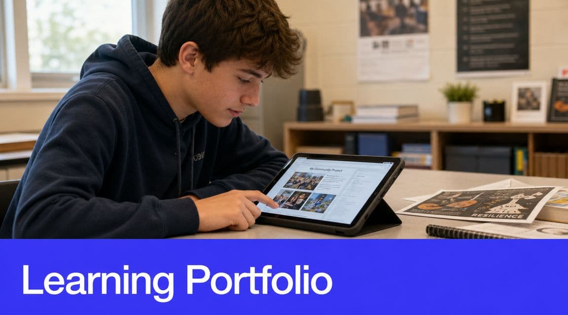 A male student focused on his digital learning portfolio while working on a tablet at a desk.