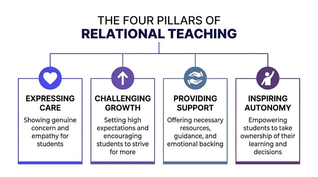 A diagram outlining the four pillars of relational teaching: expressing care, challenging growth, providing support, and inspiring autonomy.