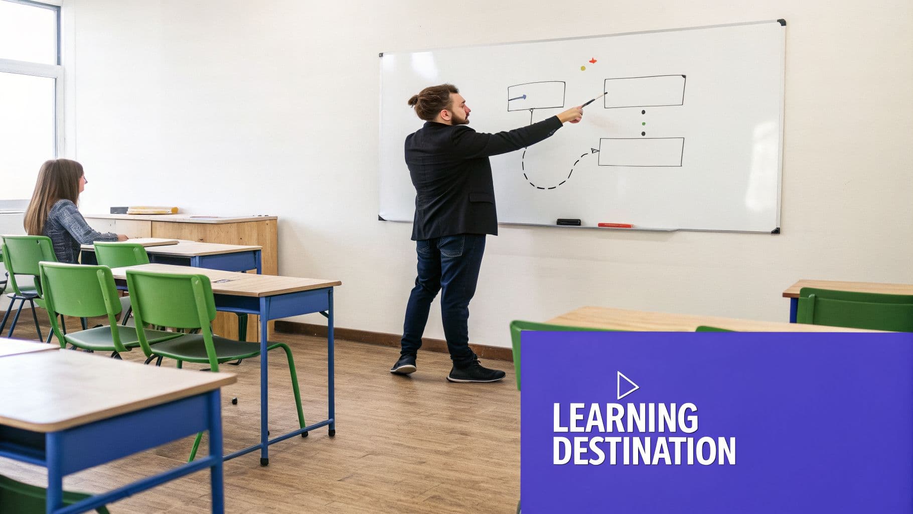 A male teacher points to a diagram on a whiteboard, teaching a student in a modern classroom.
