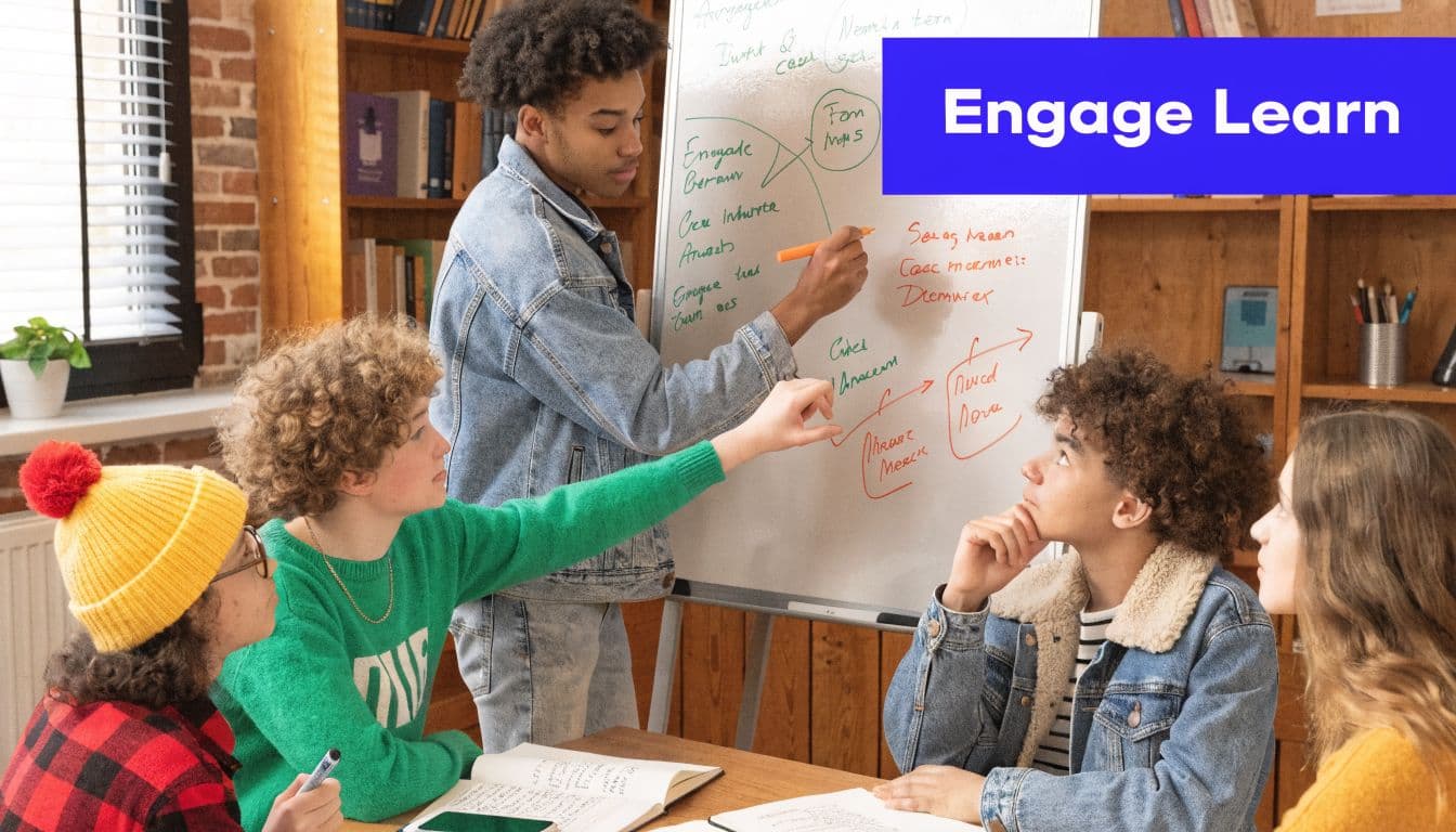 A diverse group of students collaborating and brainstorming while standing around a white board in a library.