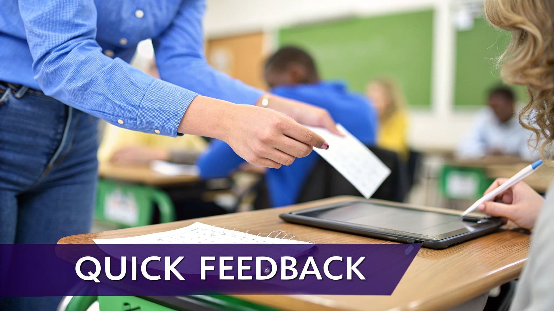 Teacher giving quick feedback to a student using a tablet in a modern classroom.