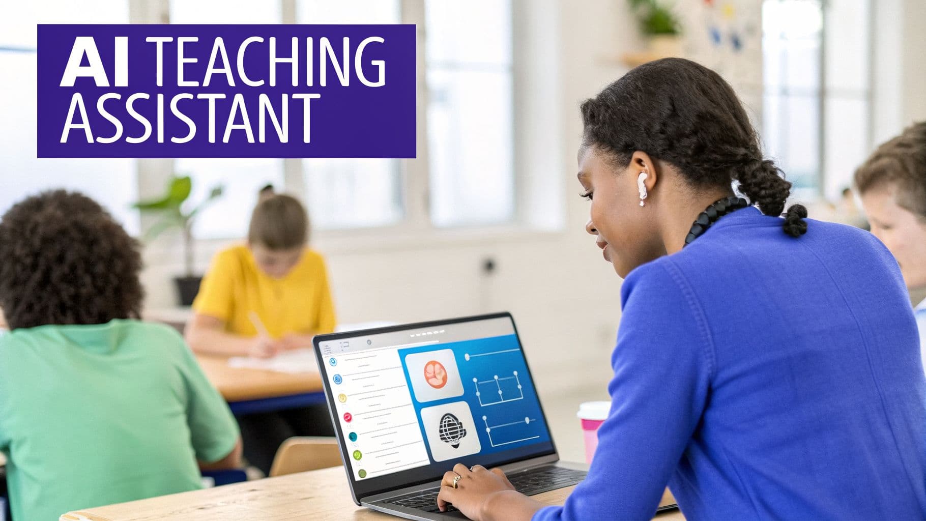An AI teaching assistant uses a laptop in a classroom with students learning in the background.