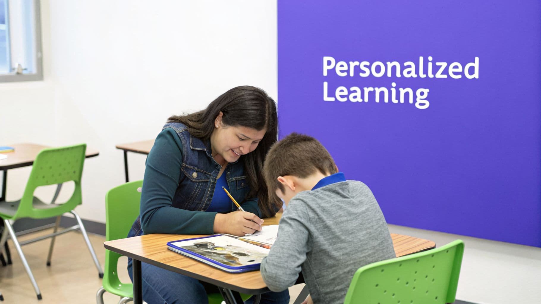 An adult and child engaged in a personalized learning session at a classroom desk.