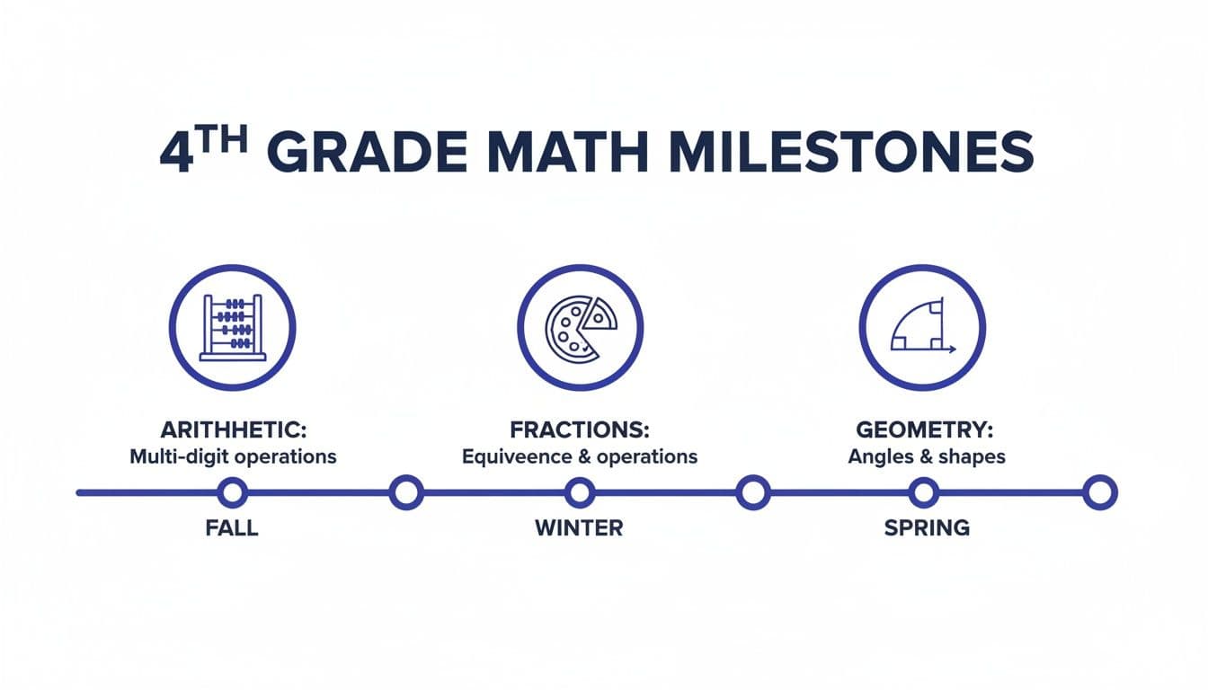 4th grade math milestones timeline with abacus, pizza, and angle icons representing seasonal topics.