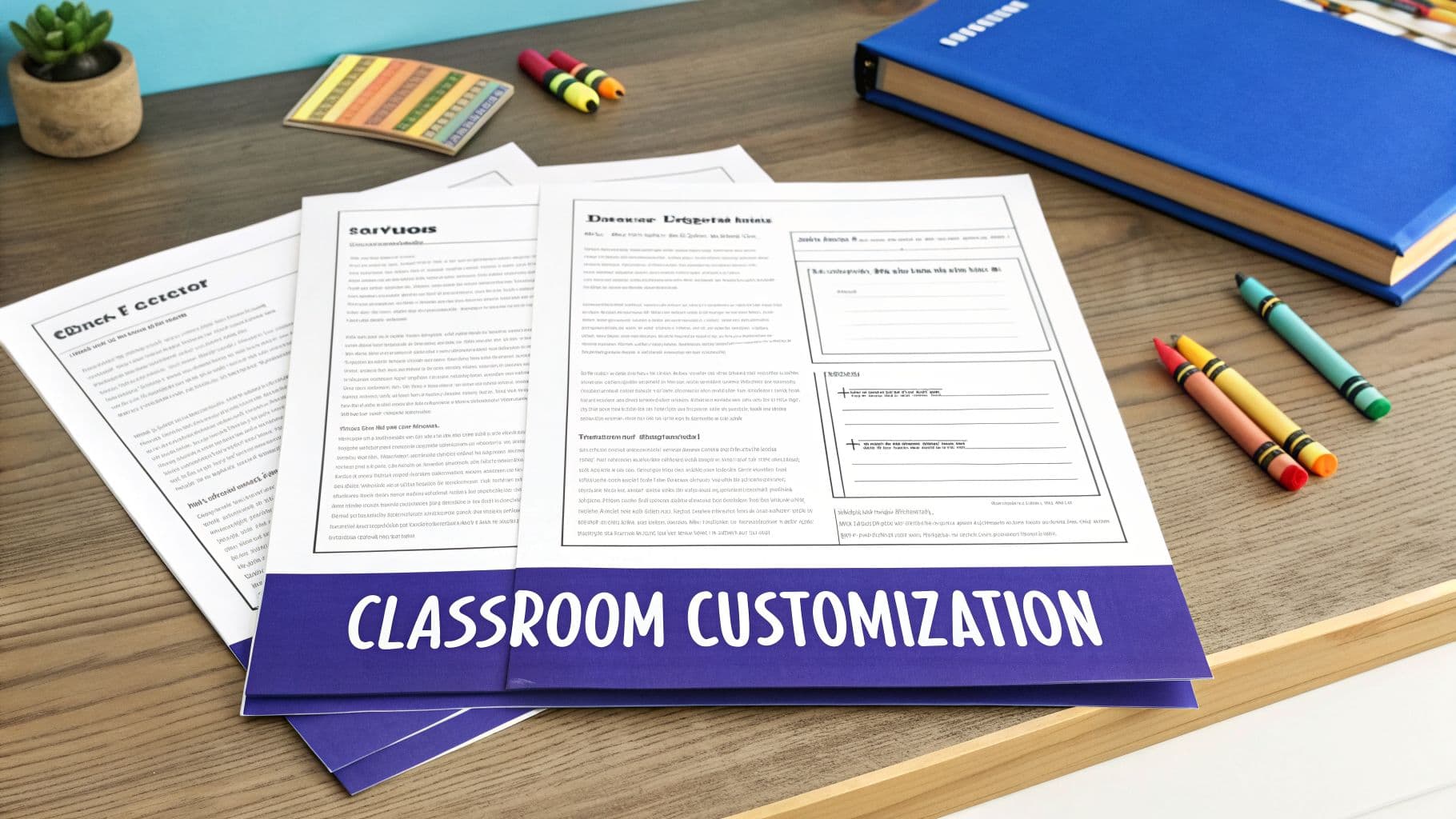 Documents titled 'CLASSROOM CUSTOMIZATION' with crayons and a notebook on a desk.