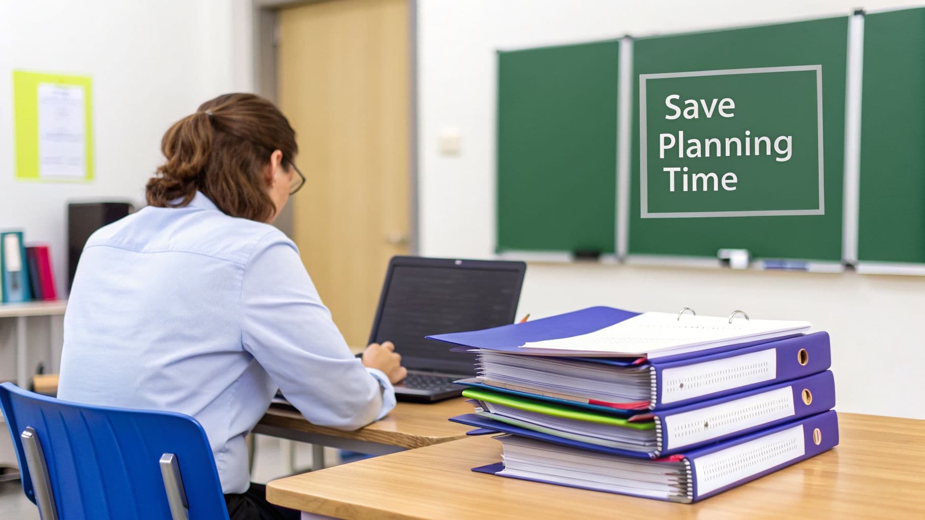 Person working on a laptop at a desk with binders, 'Save Planning Time' on chalkboard.
