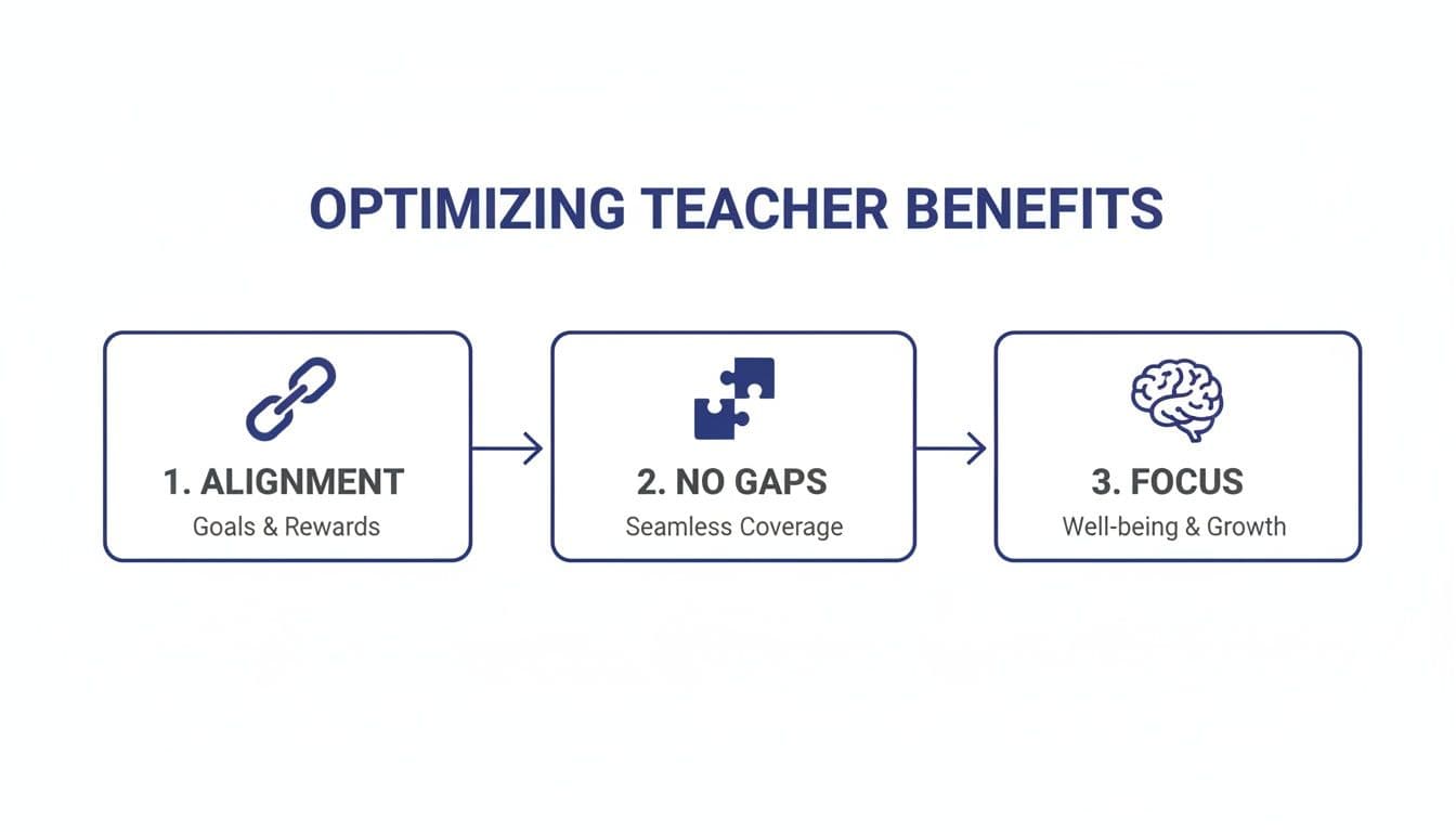 A flowchart titled 'Optimizing Teacher Benefits' showing three steps: 1. Alignment, 2. No Gaps, 3. Focus.