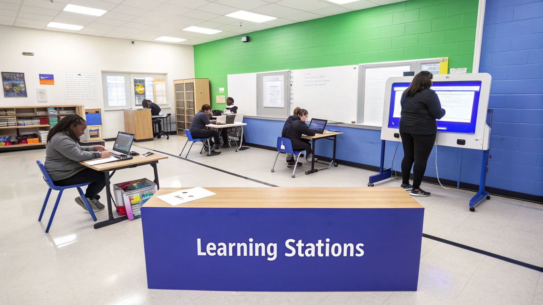 A modern classroom features students working at learning stations with laptops and an interactive screen.