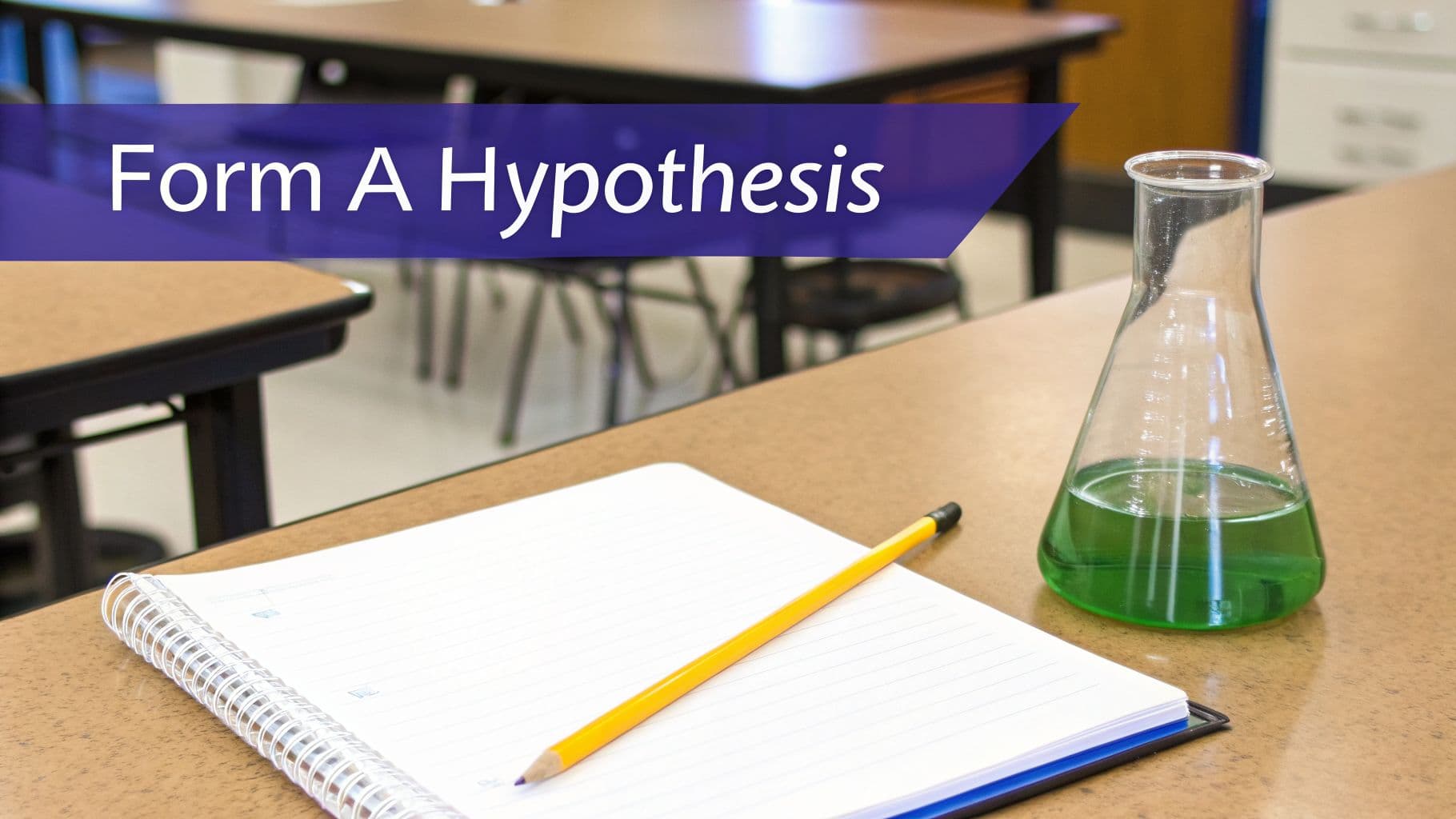 A science classroom desk with an open notebook, pencil, and a flask with green liquid, featuring an overlay that reads "Form A Hypothesis."