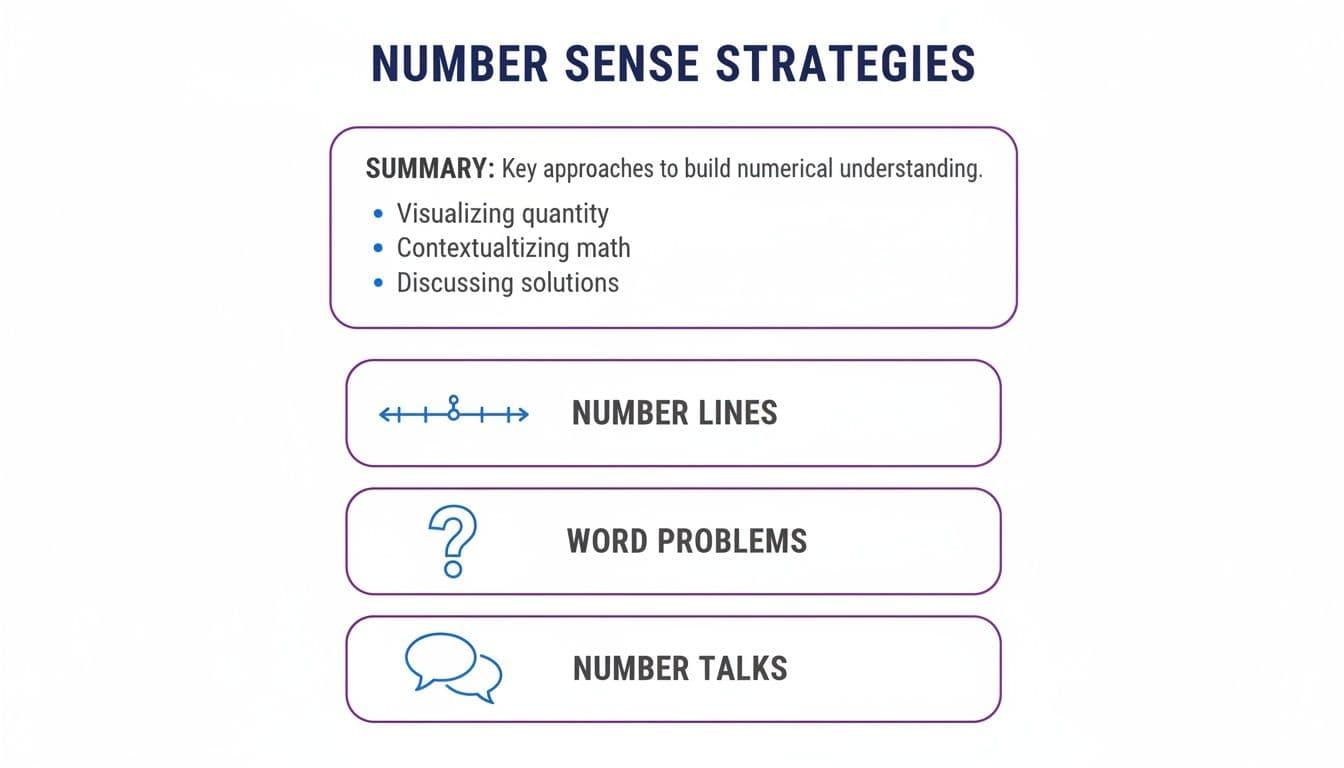 A graphic listing number sense strategies including visualizing quantity, number lines, word problems, and number talks.