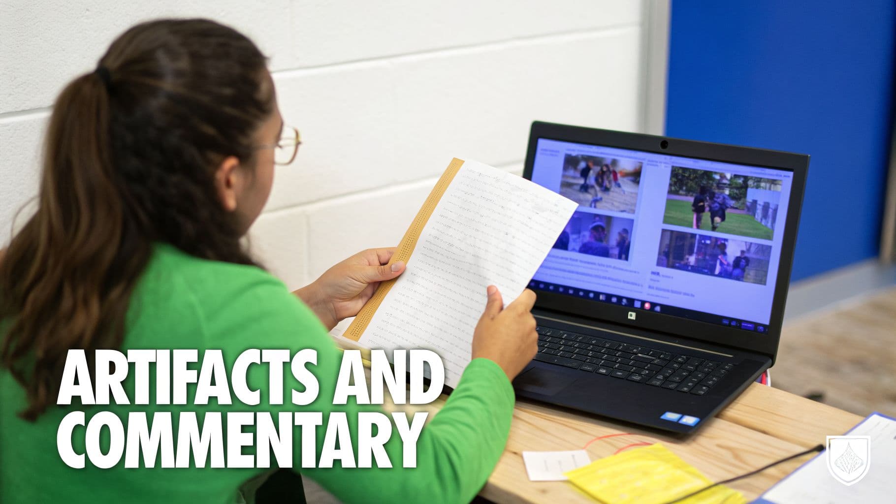A person in a green shirt reads a document next to a laptop displaying multiple images.
