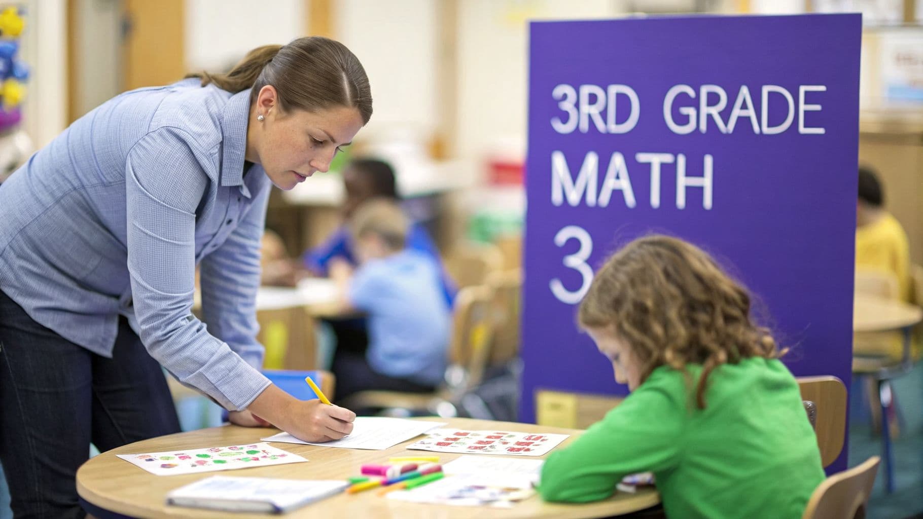 A teacher assists a third-grade student with math problems at a classroom table.