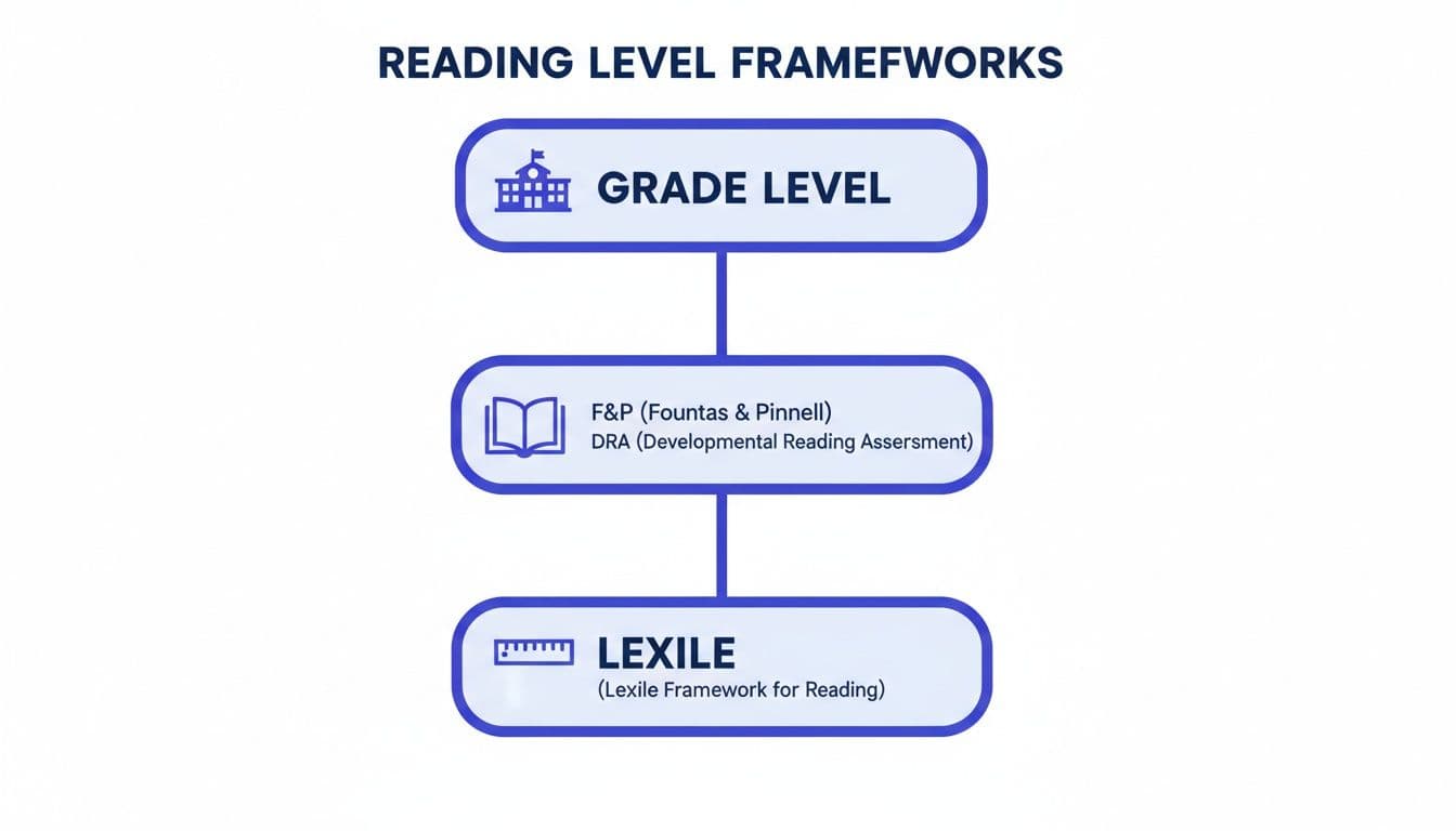 Flowchart illustrating reading level frameworks, including Grade Level, Fountas & Pinnell, DRA, and Lexile.