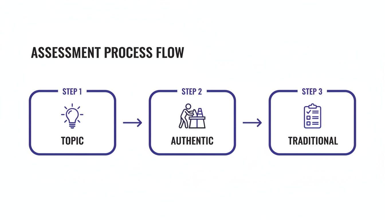 A diagram illustrating a three-step assessment process flow: Topic, Authentic, and Traditional.