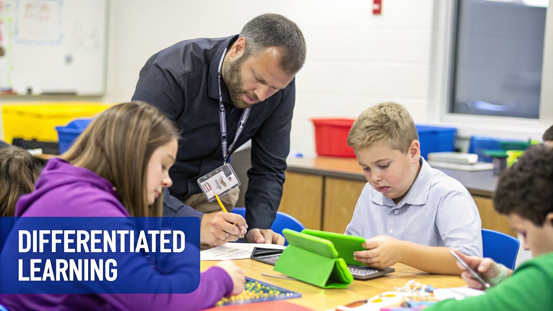 A teacher assists young students engaged in differentiated learning activities at a classroom table.