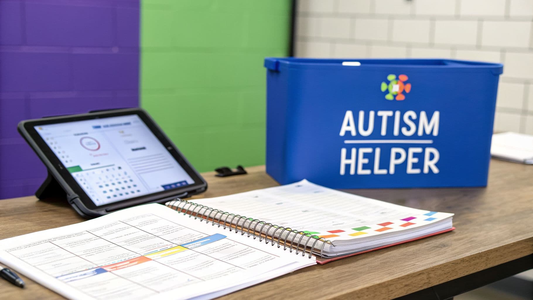 A blue bin labeled 'Autism Helper', a tablet with an app, and an open planner on a wooden desk, showing resources for autism support.