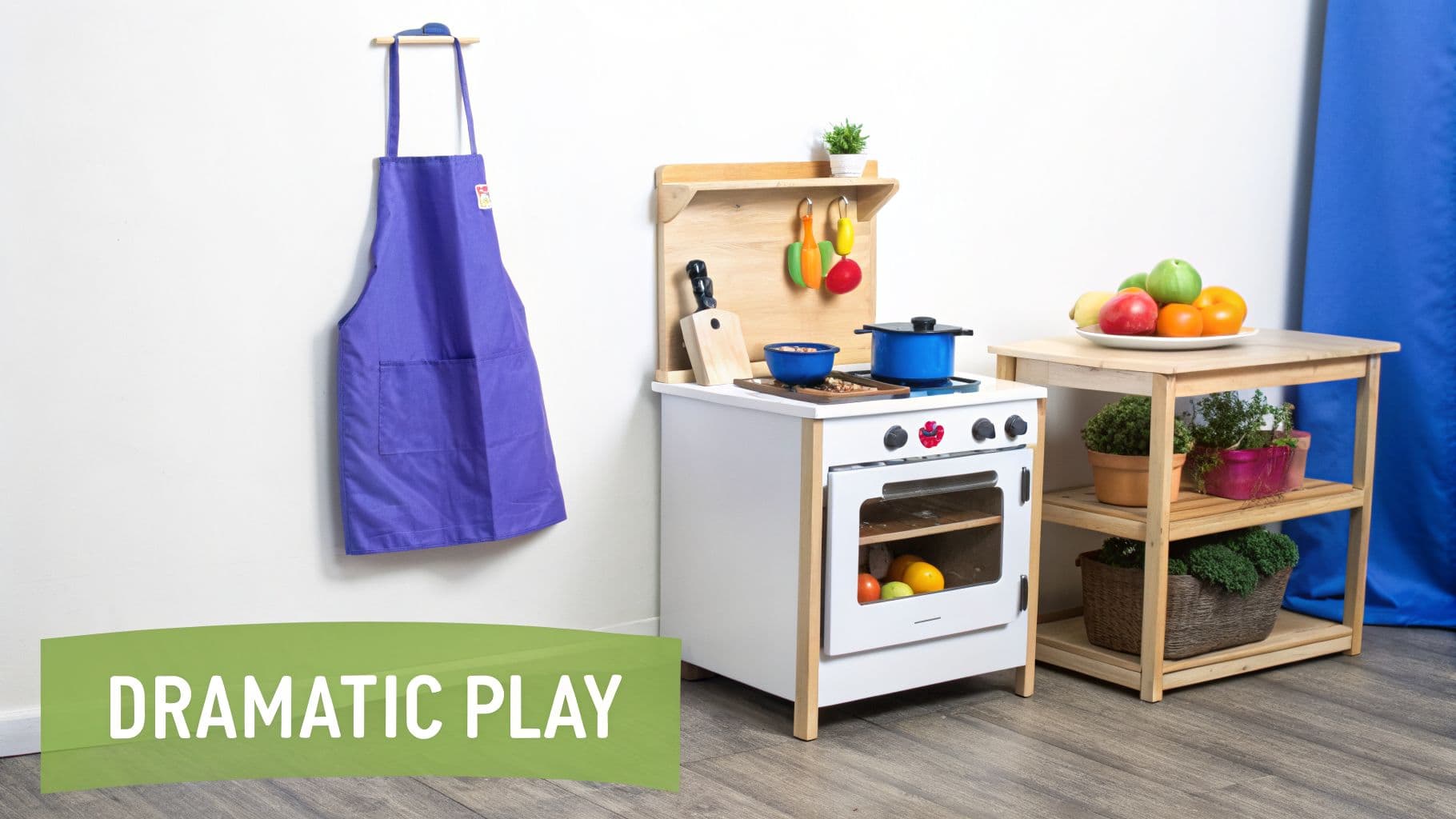 A colorful children's dramatic play area featuring a toy kitchen, apron, and fruit stand.