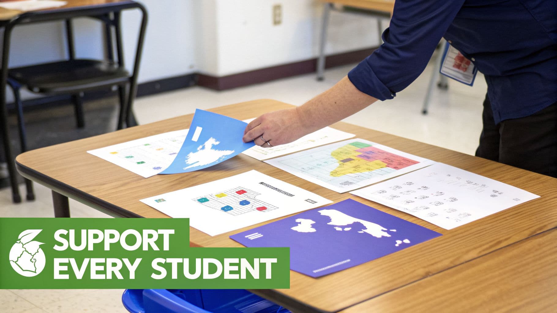 A teacher's hands arrange various educational papers, including maps, on a wooden classroom desk.