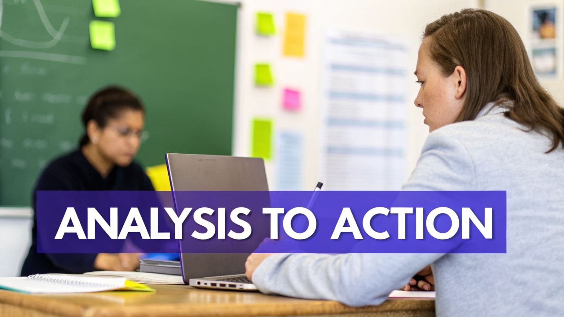 Two people working diligently on laptops and notes in a classroom setting with a text overlay.