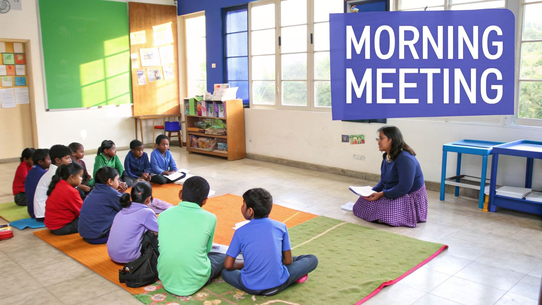 A teacher leads a morning meeting with diverse students sitting on mats in a bright classroom.