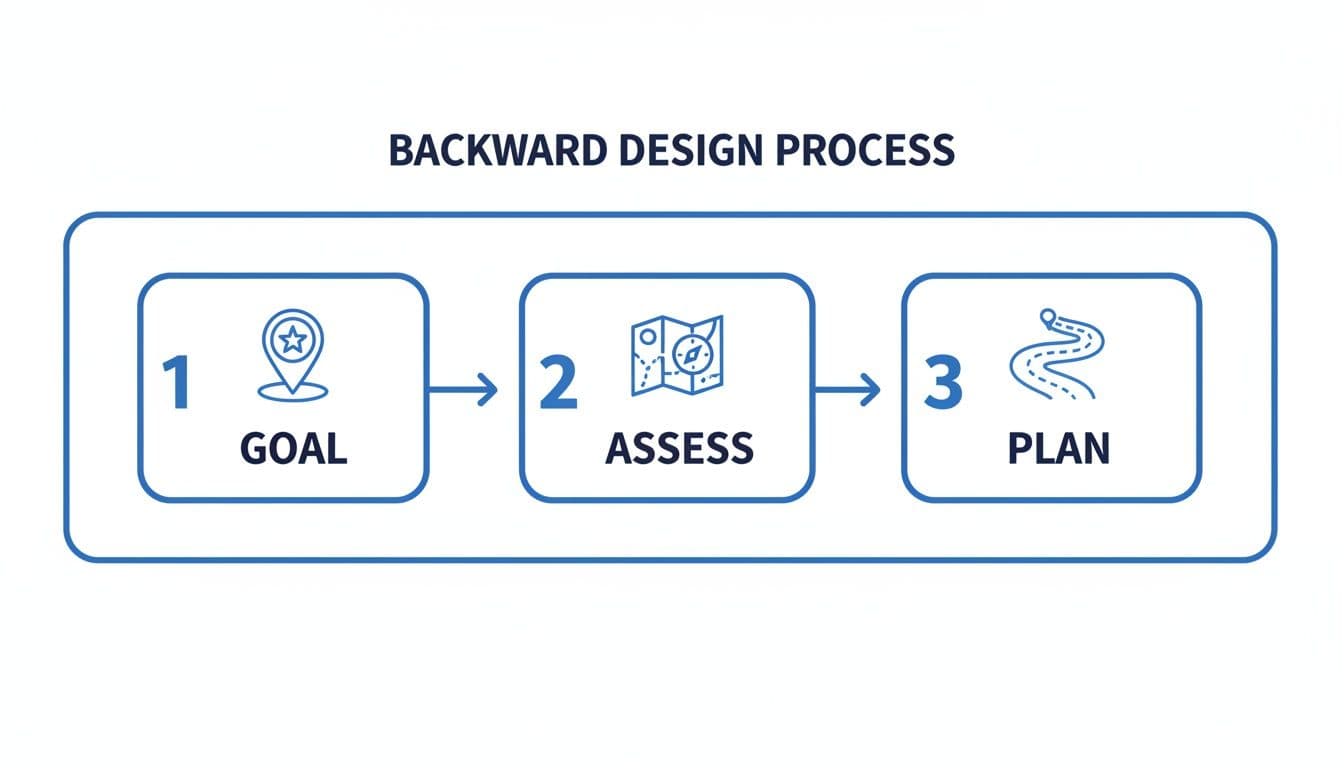 A visual diagram of the Backward Design Process, outlining three sequential steps: Goal, Assess, and Plan.