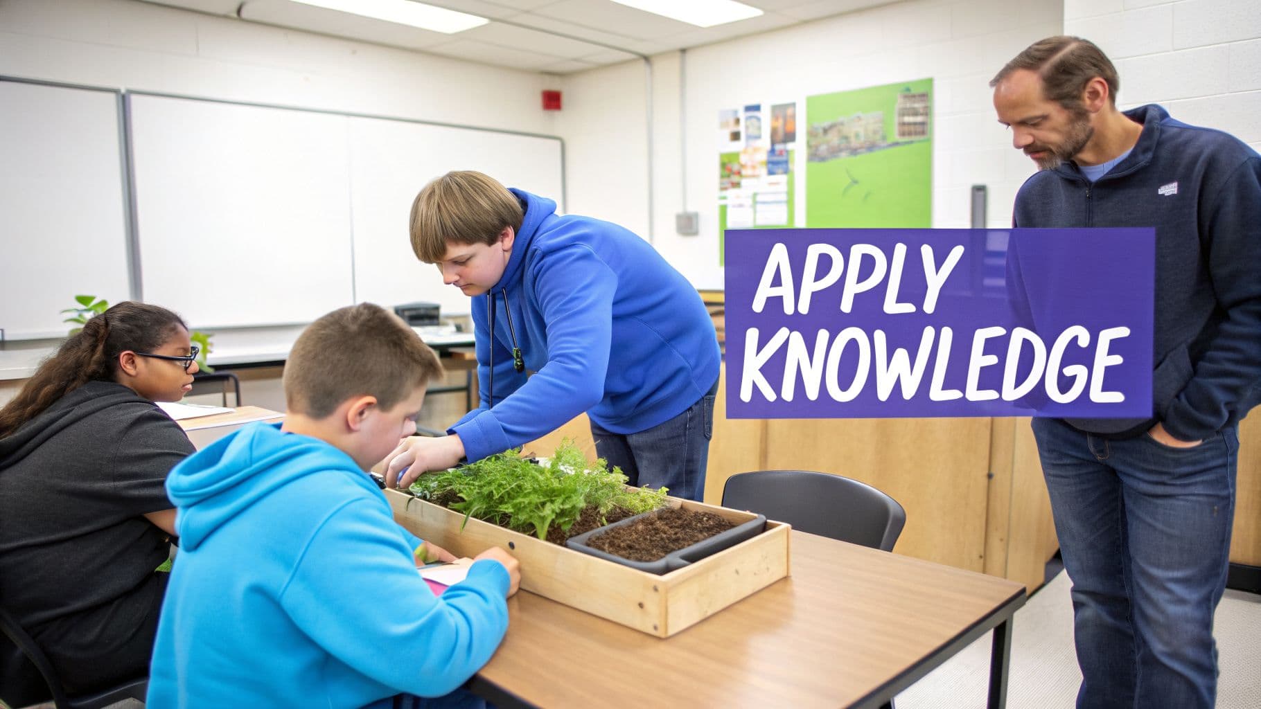 Students apply knowledge by tending plants in a classroom planter, supervised by an adult.