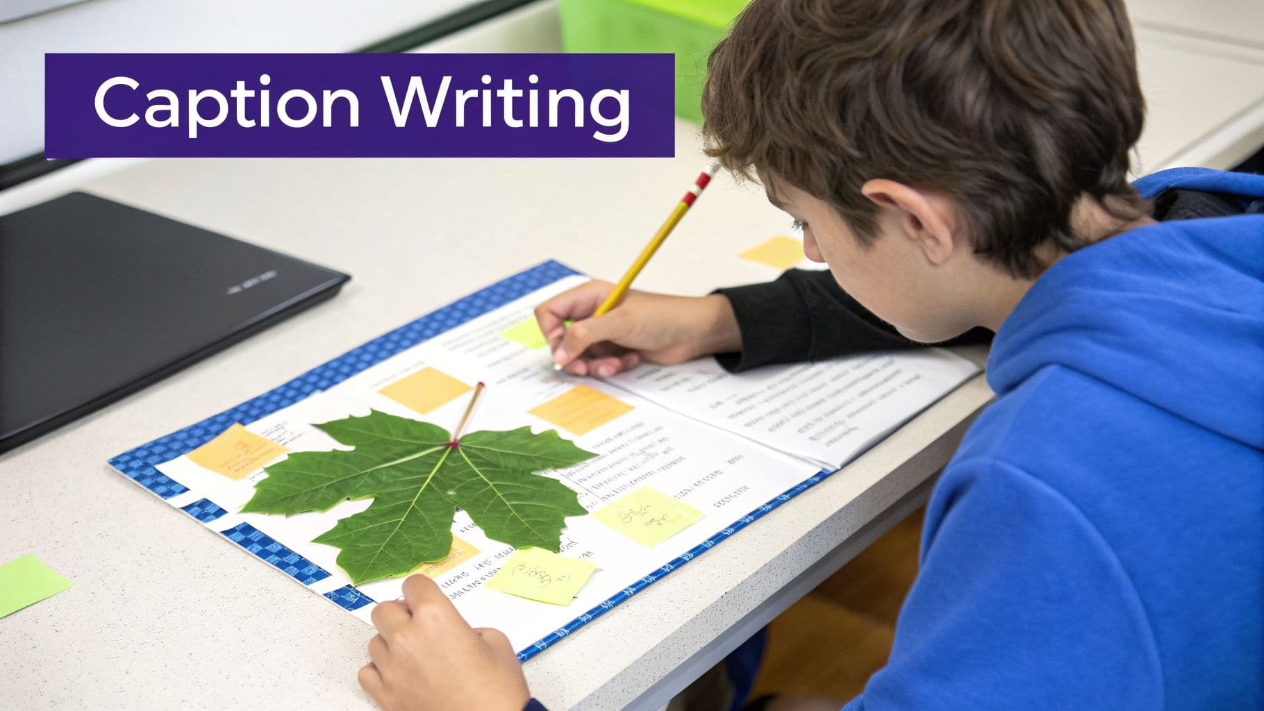 A young student in a blue hoodie writes on a project with a large green leaf and sticky notes.