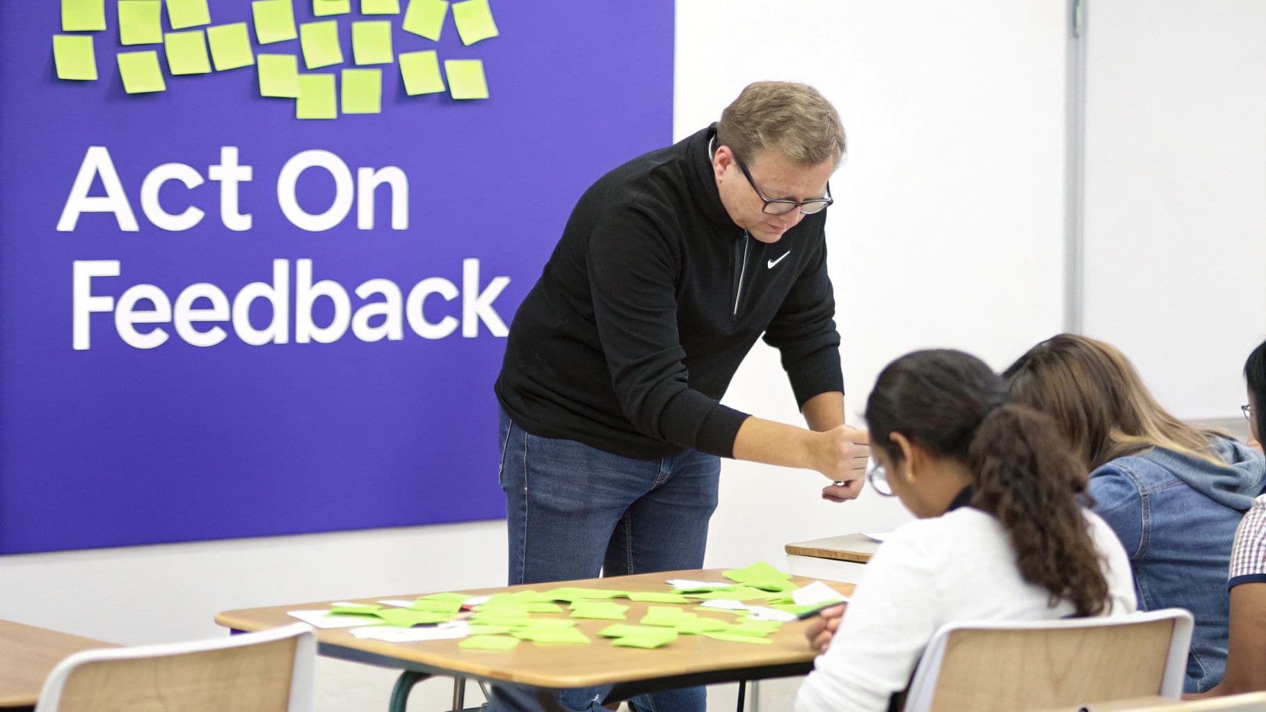 A man leads a workshop, organizing green sticky notes on a table, with 'Act On Feedback' on a purple wall.