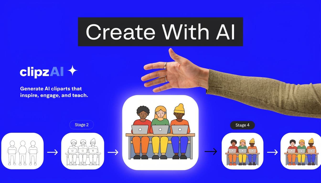 A digital graphic showing a four-stage process of transforming line art drawings into colorful teacher clipart.