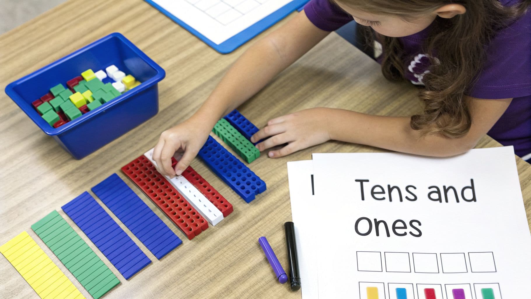A child's hands manipulate colorful math blocks and linking cubes on a desk, learning 'Tens and Ones'.