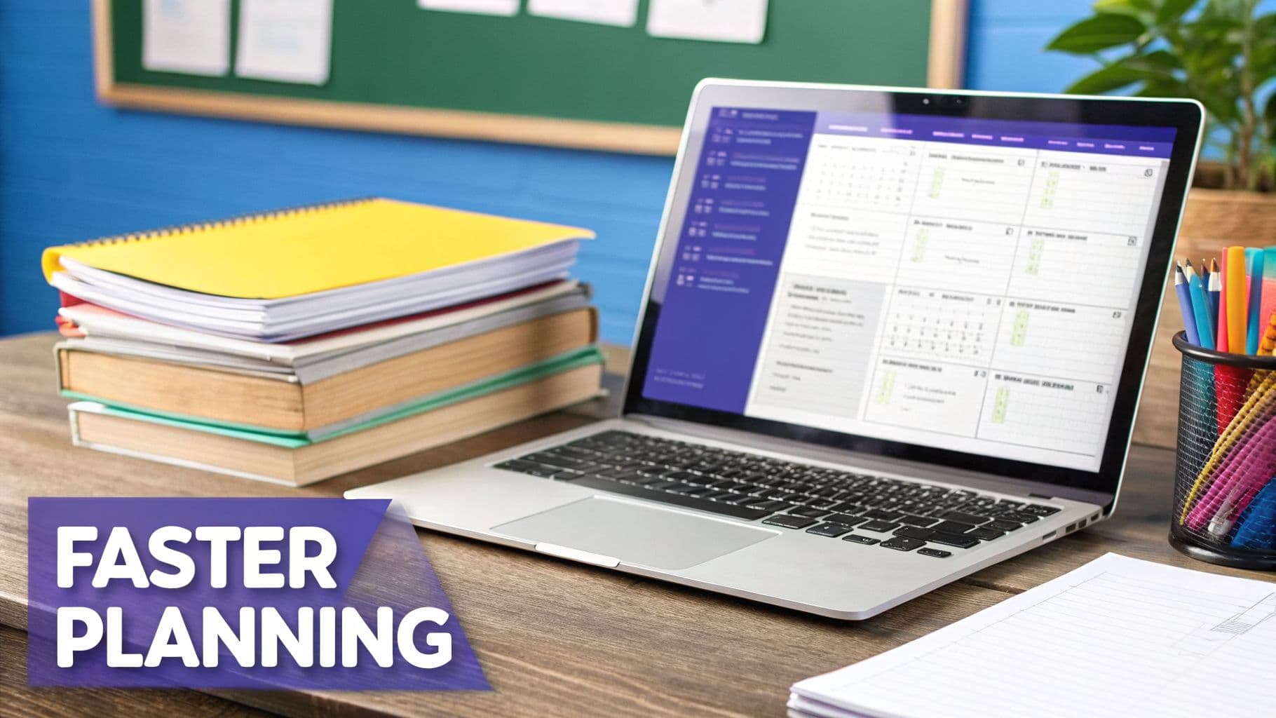 A laptop displaying a digital planner sits on a desk with books, notebooks, and pencils, emphasizing faster planning.