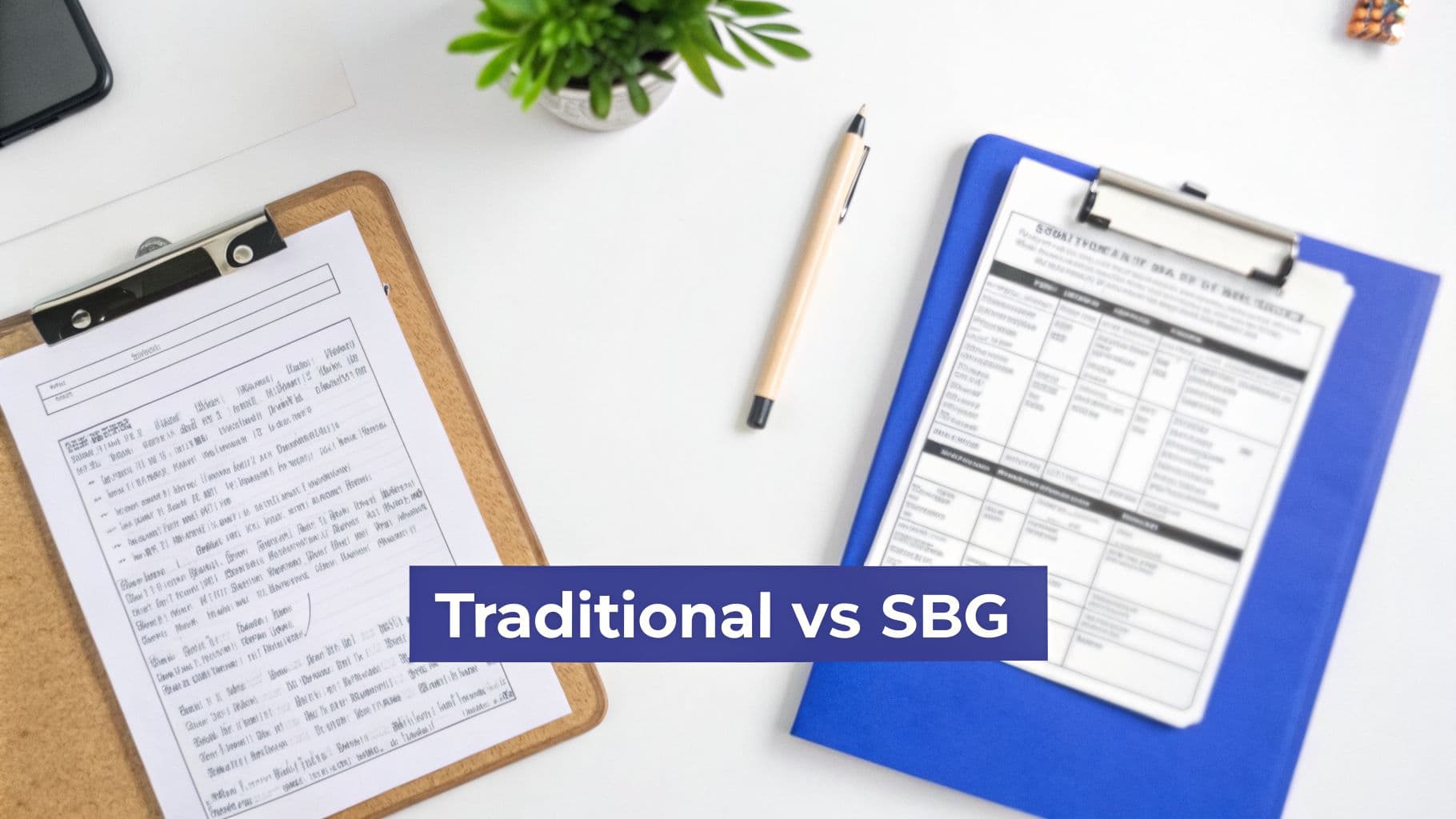 Two clipboards with academic papers, a pen, and a plant on a white desk, comparing traditional vs SBG grading.