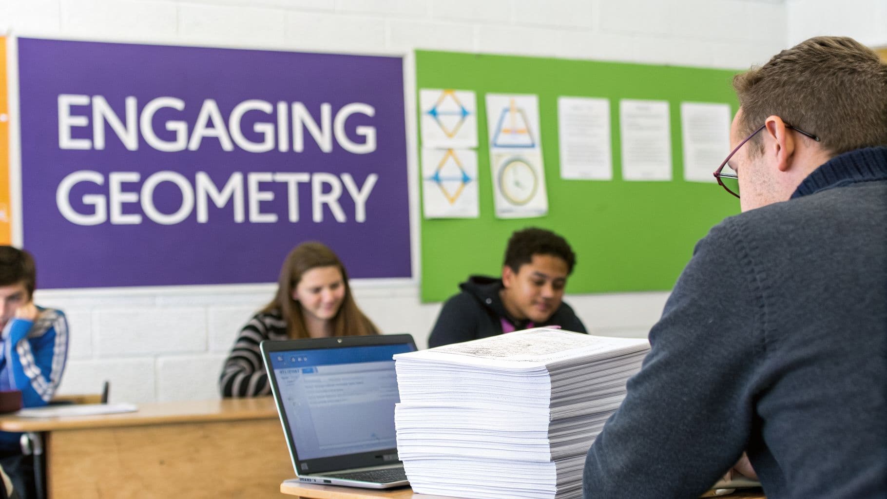 Teacher with a large stack of worksheets observing students in an engaging geometry classroom.
