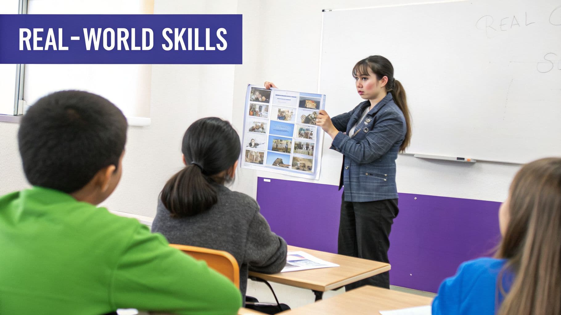 A teacher presents a poster illustrating real-world skills to students engaged in a classroom setting.