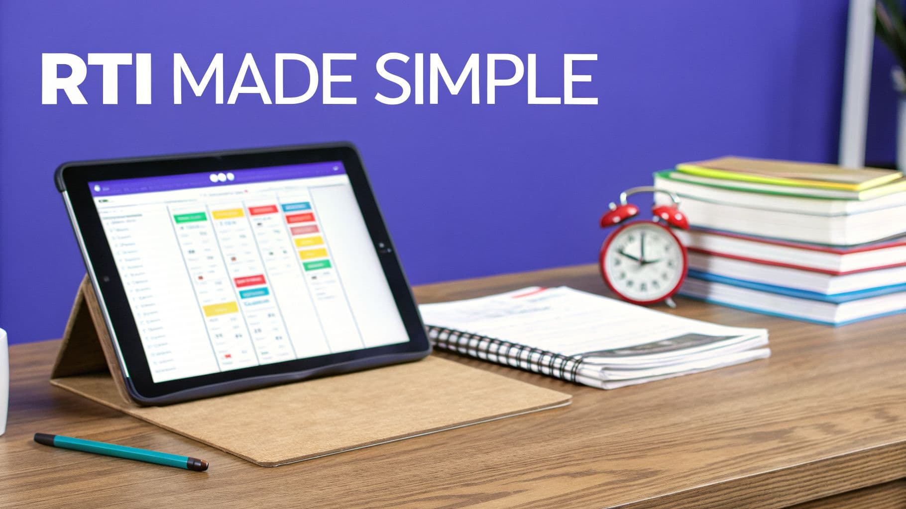 Tablet with RTI dashboard, books, and alarm clock on a desk, showing 'RTI MADE SIMPLE'.