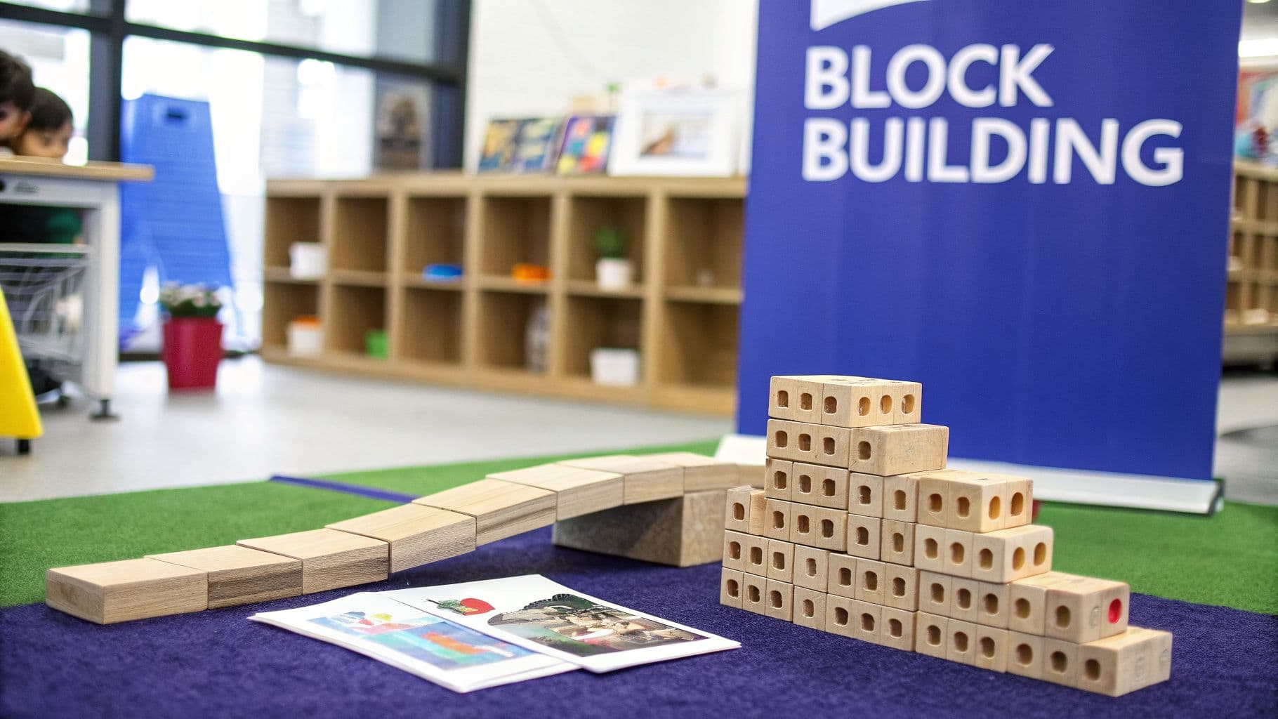 Wooden building blocks on a purple carpet, forming a bridge and a stepped structure, in a learning center.