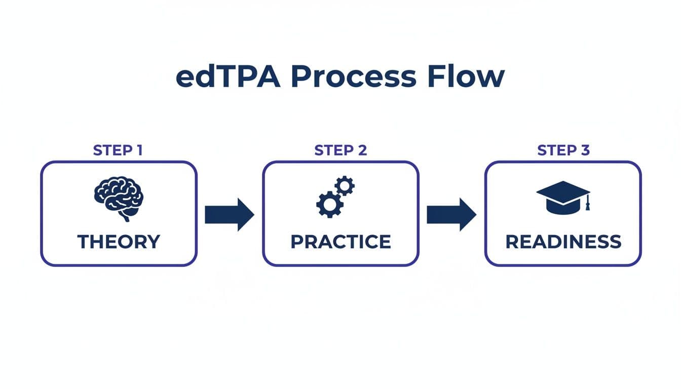 An edTPA process flow diagram showing three steps: Theory, Practice, and Readiness, with icons.