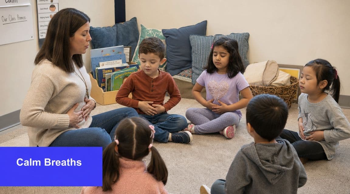 A teacher guides a group of preschool children sitting in a circle to practice calm belly breathing.
