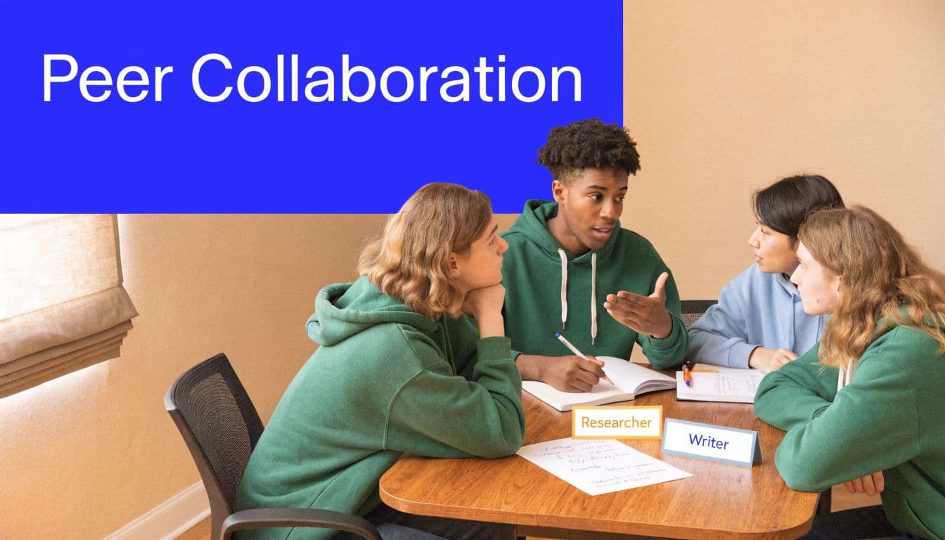 A diverse group of students sitting at a table collaborating on an academic group project together.